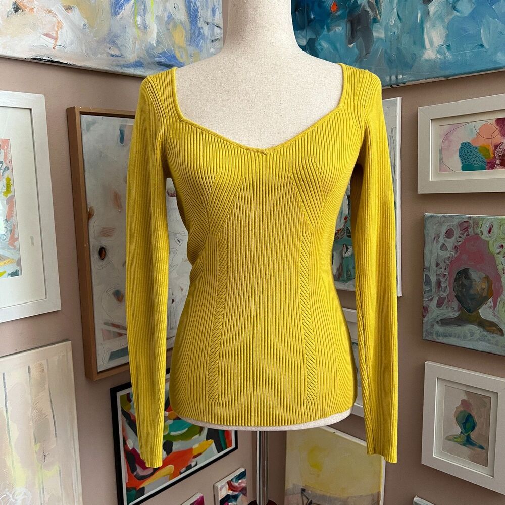 Anthropologie Yellow Ribbed Knit Long Sleeve Top Fitted Sweetheart Neck Size S
